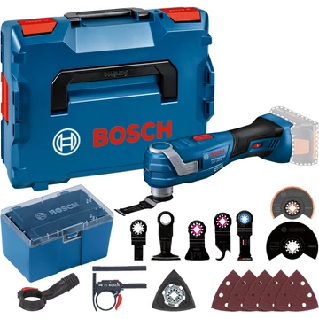 Bosch akkus multivágó GOP 18V-34 Solo Professional, 18 voltos, kék/fekete multifunkciós szerszám, akkumulátor és töltő nélkül, L-BOXX + tartozékdoboz