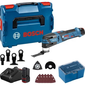 Bosch akkus multivágó GOP 12V-28 Professional, 12V-os, többfunkciós szerszám kék/fekete, 2x Li-ion akkumulátor 3,0Ah, L-BOXX-ban