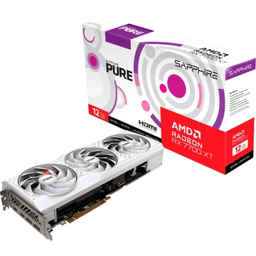 SAPPHIRE Radeon RX 7700 XT PURE GAMING OC, fehér grafikus kártya, RDNA 3, GDDR6, 2x DisplayPort, 2x HDMI 2.1