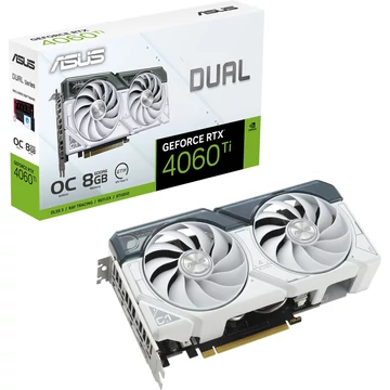 ASUS GeForce RTX 4060 Ti DUAL OC WHITE, grafikus kártya fehér, DLSS 3, 3x DisplayPort, 1x HDMI 2.1